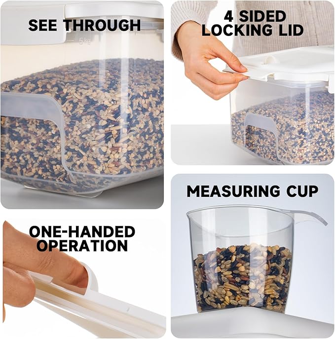 Rice Storage Container 20 lbs - 15 lbs Airtight Flour Dispenser with Lids & wheel, BPA Free, kitchen organizers for Pet/Cat/Dog Food Storage Container (10 lbs), White