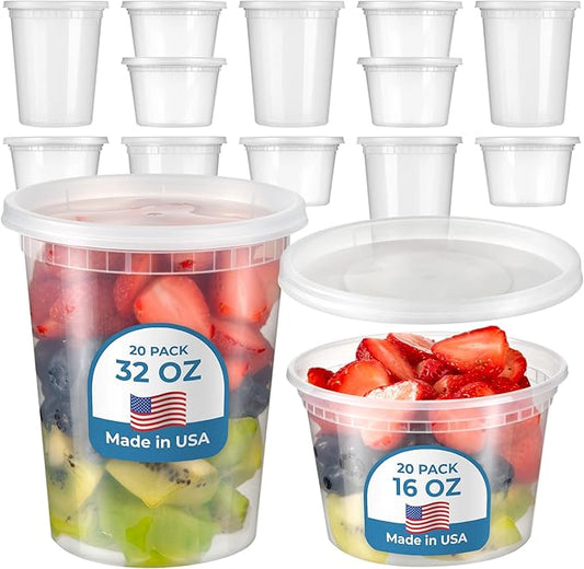 Fit Meal Prep 40 Pack 16 32 oz Deli Containers with Lids Variety Pack, US Made Leakproof Assorted Plastic Soup Container, Combo Clear Food Storage Containers for Restaurant, Microwave Freezer Safe