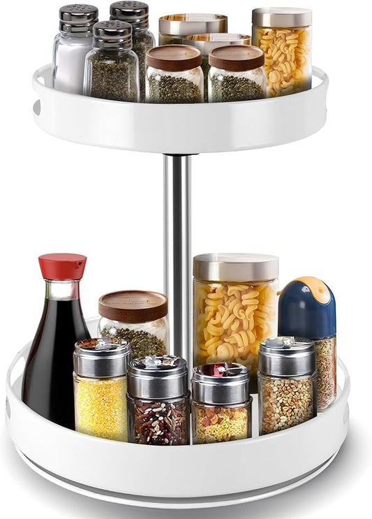 Rack Lazy Susan Organizer, 2 Tier Height Adjustable Rotating Lazy Turntable Organization for Cabinet Kitchen Table Pantry Countertop Refrigerator Cupboard Storage(White, 12 inch)
