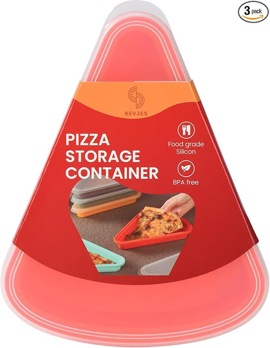 3-Pack Reusable Silicone Leftover Pizza Slice Storage Container with Air-tight Lids-BPA Free,Fits Single Slice up to 16",On-the-go Bento Style,Microwave, Freezer & Dishwasher Safe(3 Red)