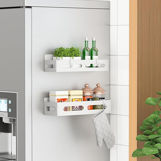 2 Pack Magnetic Spice Rack for Refrigerator, Spice Rack Organizer, Moveable Magnetic Shelf Fridge Organizer with 4 Hooks for Kitchen and Oven Organization, White