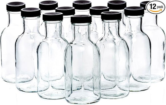 Set of 12oz Glass Bottles with Black Plastic Caps | Reusable Stout Flint Glass Bottles with Lids for Juicing, Kombucha, Liquids | Made in USA |