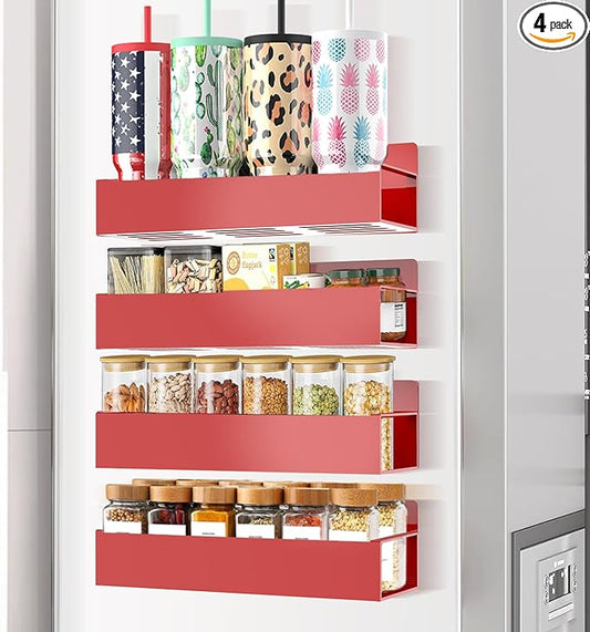 Magnetic Spice Rack Organizer for Fridge Seasoning Organizer for Kitchen storage with Screw or Adhesive Hanging,Magnetic Shelf with Hook for Refrigerator and Oven (Red, 4pack)