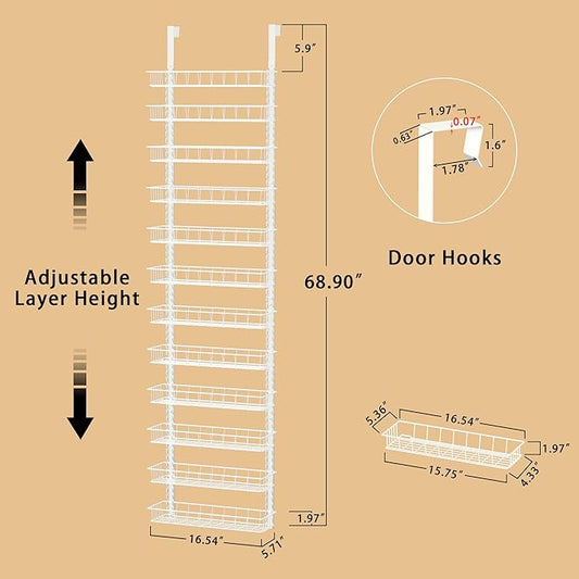 Churboro Over the Door Pantry Organizer Rack with 12 Adjustable Baskets, 12 Tiers Dual-use Spice Rack- Hanging or Wall Mount Spice Rack, Pantry Door Organizer, White