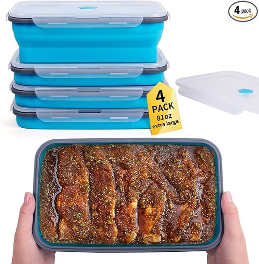 Extra Large Collapsible Food Storage Containers with Lid & Air Vent, 81 oz, 4 Pack, XXL Collapsible Marinade Container BBQ Prep Foldable Silicone Containers, Microwave Freezer Dishwasher Safe, Blue