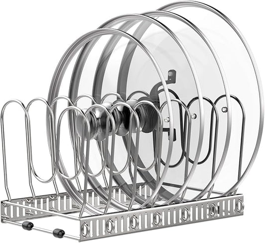 Pot and Pan Organizer Rack for Cabinet, Pot Lid Organizer with 7 Adjustable Dividers, Pan Holder Storage Rack for Kitchen Cabinet, Silver
