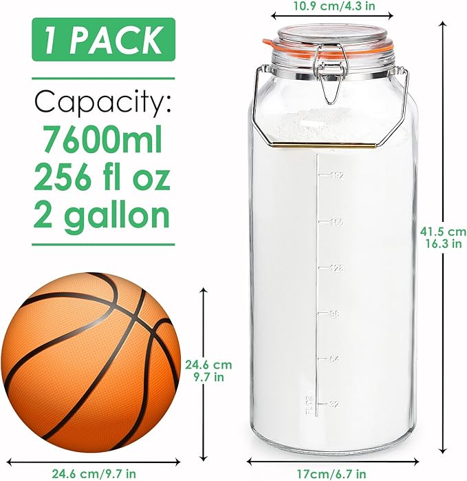 2 Gallon Glass Jar with Airtight Lid(7600ML), Gallon Airtight Glass Storage Jar with Stainless Steel Handle - Large Glass Food Storage Containers with Lids Flour, Sugar, and Dog Treats
