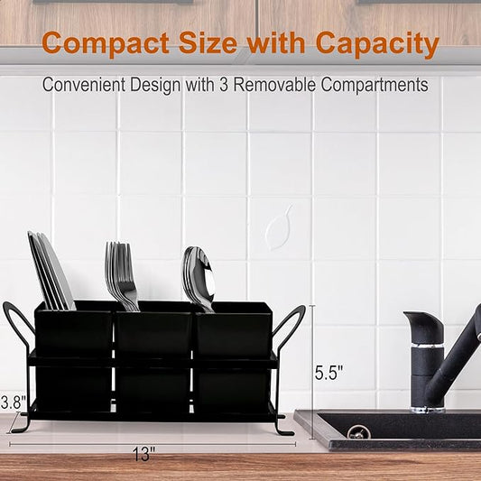 Cutlery Holder with Drain Holes, Silverware Caddy for Party Countertop, 3pcs Bins Set Utensil Holders for Spoon and Fork, Black