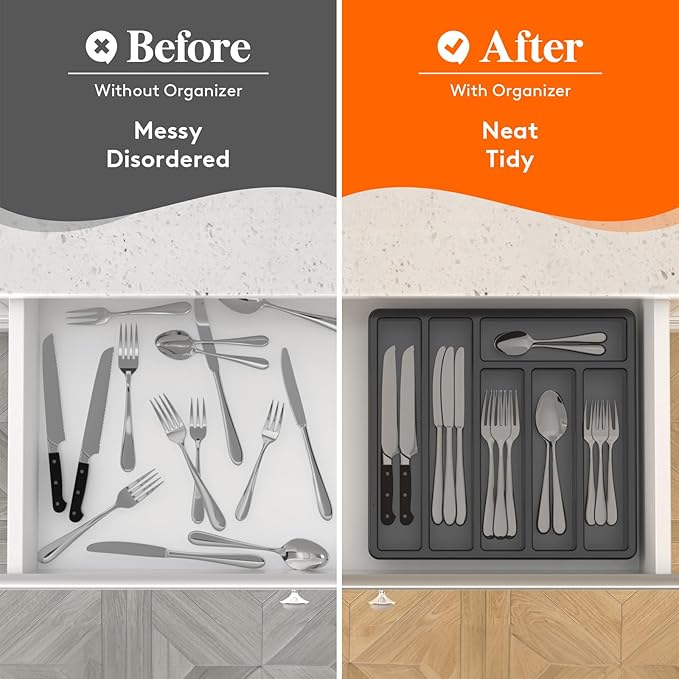 Lifewit Silverware Organizer with Lid, Covered Utensil Tray for Kitchen Drawer and Countertop, Plastic Cutlery and Flatware Storage Box for Spoons Forks Knives Holder, 6 Compartments, 2 Pack, Black