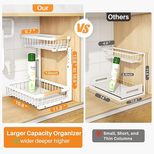 PXRACK Under Sink Organizer,1 Pack,2 Tier Metal Slide out Sink Shelf Pull out Cabinet Organizer Drawers, Under Sink Organizers and Storage for Kitchen Bathroom Pantry Closet Cabinet