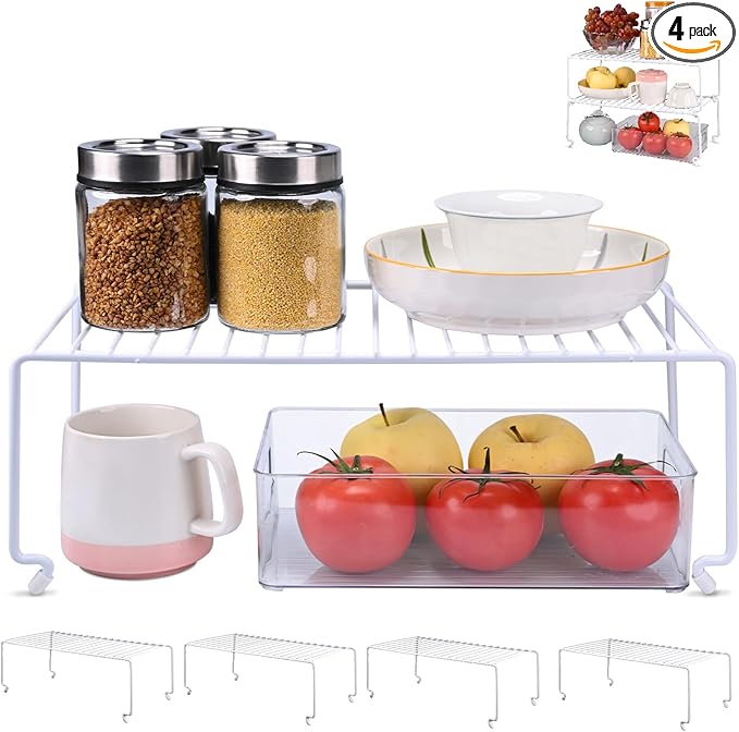 4-Pack Large (15.7x8.54inch) Multi-Level Organizer Rack, Kitchen Shelves for Spice Organization for Cabinet, Pantry Organizers and Storage, Wire Extra Shelf, Desk Organizer, Stackable, White