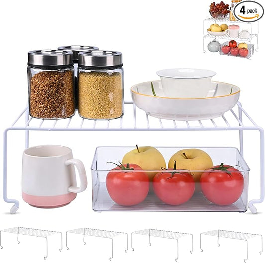 4-Pack Large (15.7x8.54inch) Multi-Level Organizer Rack, Kitchen Shelves for Spice Organization for Cabinet, Pantry Organizers and Storage, Wire Extra Shelf, Desk Organizer, Stackable, White
