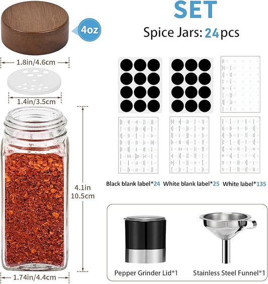 Yangbaga Glass Spice Jars with Labels: 24p 4oz Wide Mouth Square Bottle and 2 Rack w/Pepper Grinder&Funnel - Airtight Lid & Dishwasher Safe - Kitchen Pantry Daily Use - Gift for Newlyweds/Households