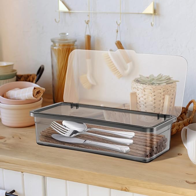 DOITOOL 3Pcs Flatware Tray with Lid Kitchen Cutlery and Utensil Drawer Organizer Silverware Holder Countertop Storage Container, 10 x 3.9 x 2.8inch (Black)