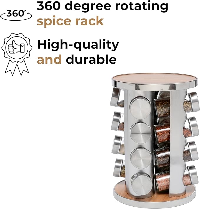 Rotatable Spice Seasoning Organizer Rack with 16 Glass Jars, Ideal for Storing Spices, Salt, Pepper, Sugar and Dry Ingredients