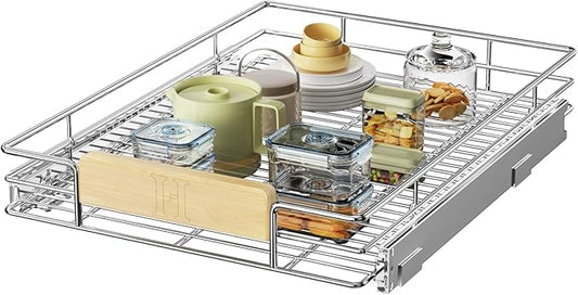 LOVMOR Pull Out Cabinet Organizer with Wooden Handle, 16½" W x 21½"Heavy Duty Cabinet Drawers Shelves Slide Out Organizer for Kitchen, Pantry