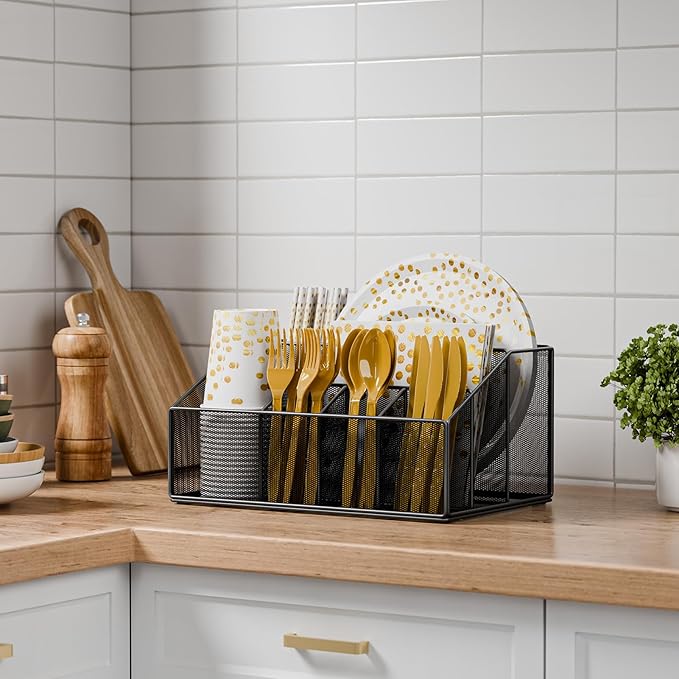 Metal Graduation Paper Plate Dispenser Holders, Disposable Paper Plate Utensils Holder for Party, Napkin Cups-Silverware Cutlery Holder Caddy for Kitchen Counter, Black