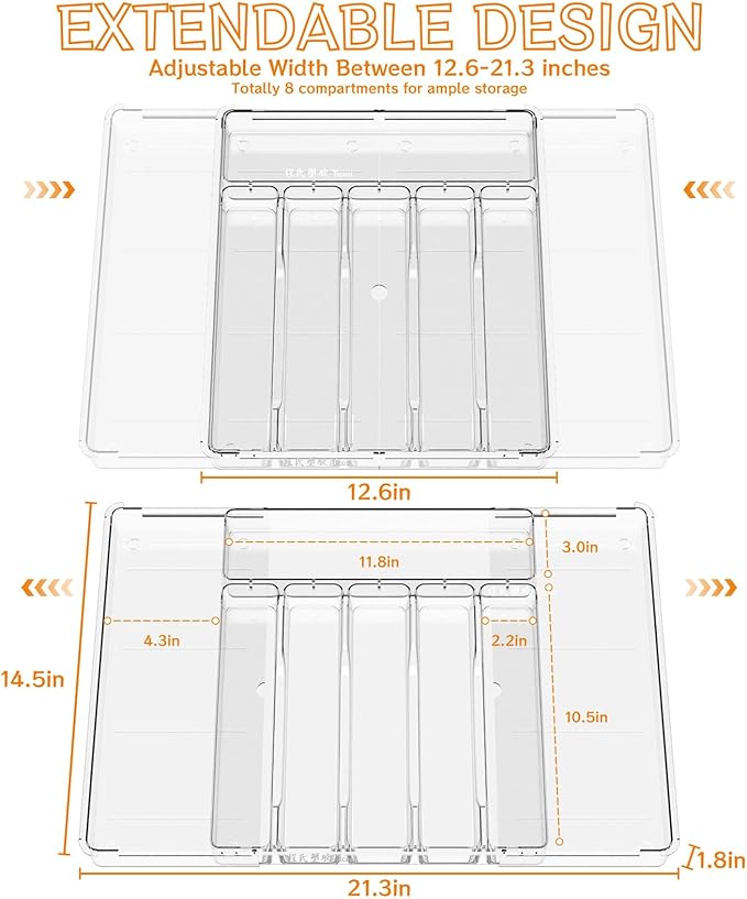Yieach Clack Expandable Silverware Organizers for Kitchen Drawers,Large 8 Grid Silverware Tray and Cutlery Drawer Organizer,BPA Free Kitchen Utensil Organizer for Knife,Spoons Forks Set Flatware Tray