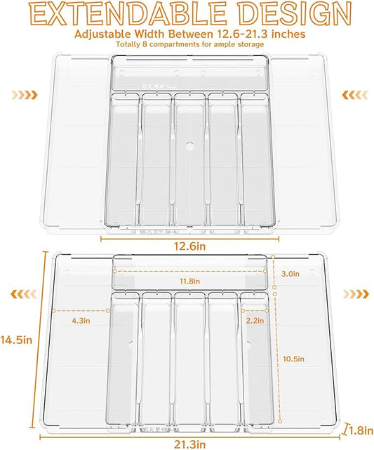 Yieach Clack Expandable Silverware Organizers for Kitchen Drawers,Large 8 Grid Silverware Tray and Cutlery Drawer Organizer,BPA Free Kitchen Utensil Organizer for Knife,Spoons Forks Set Flatware Tray