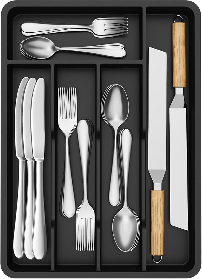 Lifewit Silverware Tray, Deep Wide Cutlery Drawer Organizer Storage for Kitchen, Plastic Flatware Utensil Holder Divider for Spoons Forks Knives Tableware, 5 Compartment, Black