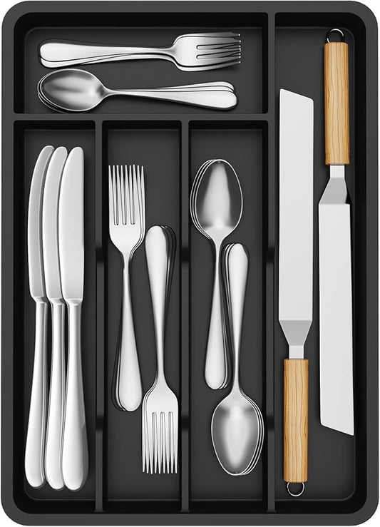 Lifewit Silverware Tray, Deep Wide Cutlery Drawer Organizer Storage for Kitchen, Plastic Flatware Utensil Holder Divider for Spoons Forks Knives Tableware, 5 Compartment, Black