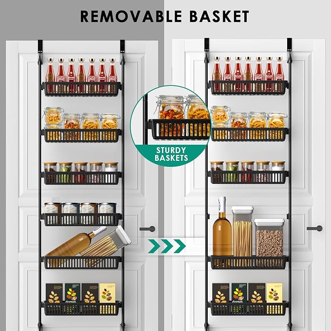 Pantry Door Organizer, 6-Tier Adjustable Over the Door Pantry Organizer Rack, Heavy Duty Metal Over the Door Spice Rack, Kitchen Pantry Organizers and Storage (7.6" D x 17.91" W x 63.39" H)