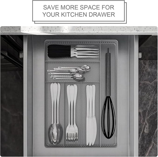 TQVAI Silverware Organizer - 6 Slots Non-Slip Mesh Kitchen Drawer Organizer - Metal Compact Utensil Cutlery Holder in Drawer Tray, Silver