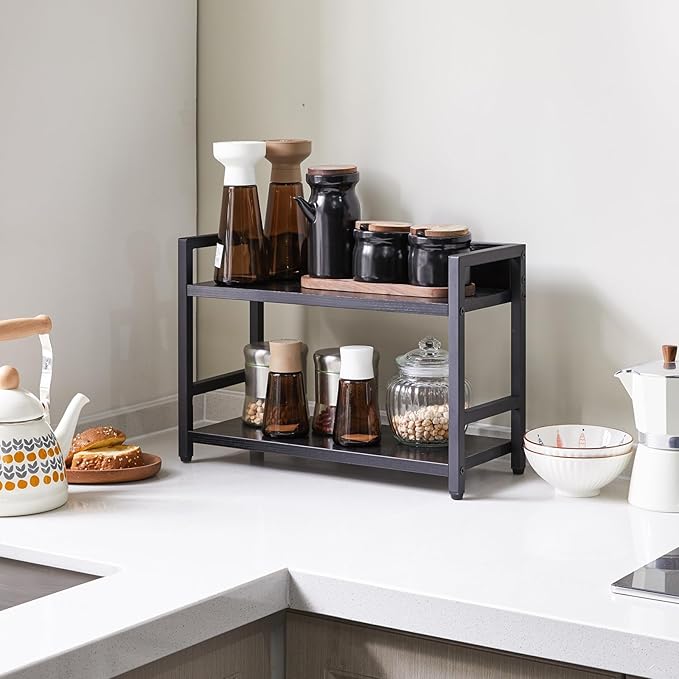 IBUYKE 2-Tier Spice Rack Industrial Counter Shelf Desktop Storage Organizer Standing Seasoning Rack for Countertop Kitchen Office Living Room Desktop Black UTLJ002B