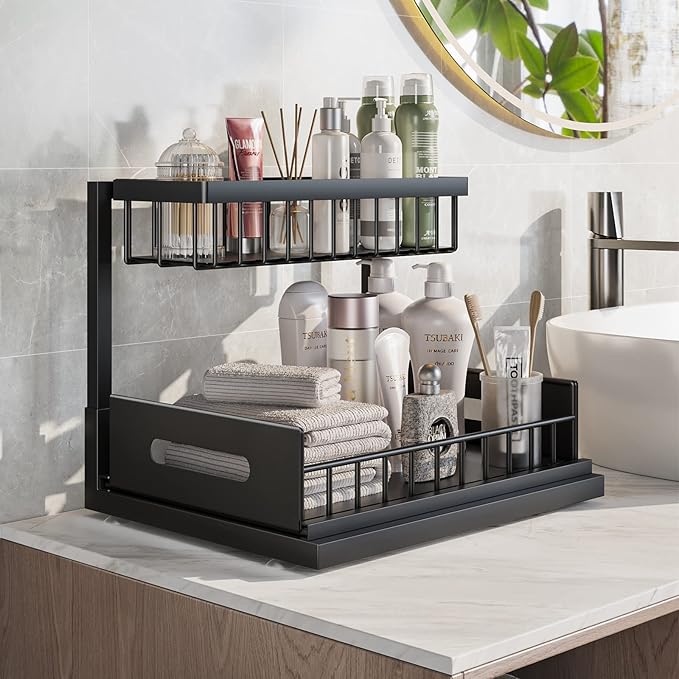 Under Sink Organizer, 2-Tier Under Kitchen Bathroom Sink Organizers and Storage No Drilling Rustproof Stainless Steel Pull Out Shelf for Kitchen Bathroom