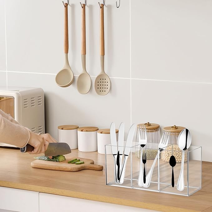 Acrylic Cutlery Storage Organizer Bin Clear Acrylic Silverware Caddy Utensil Holder 3 Compartment Cutlery Caddy Plastic Cutlery Silverware Holder for Countertop Kitchen Party Buffet Picnic