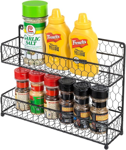 MyGift® Farmhouse Style Metal Wire Spice Rack - Wall Mount or Kitchen Countertop 2-Tier Seasoning Jar Storage Organizer, Black