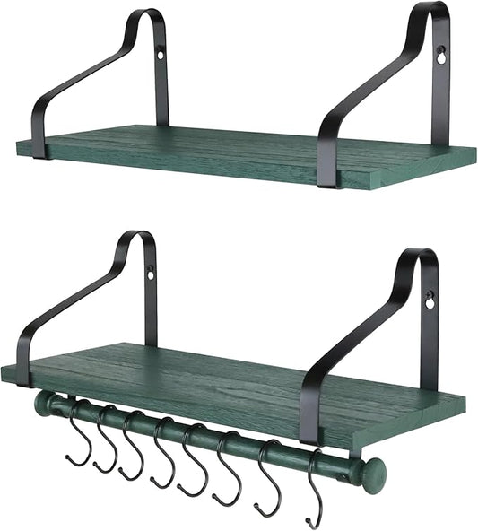 Gurfury Wooden Hanging Pot Rack with 8 hooks - Farmhouse Style Wall Mount Multifunctional Cookware Organizer Rack Kitchen Storage for Pans Utensils (Green)