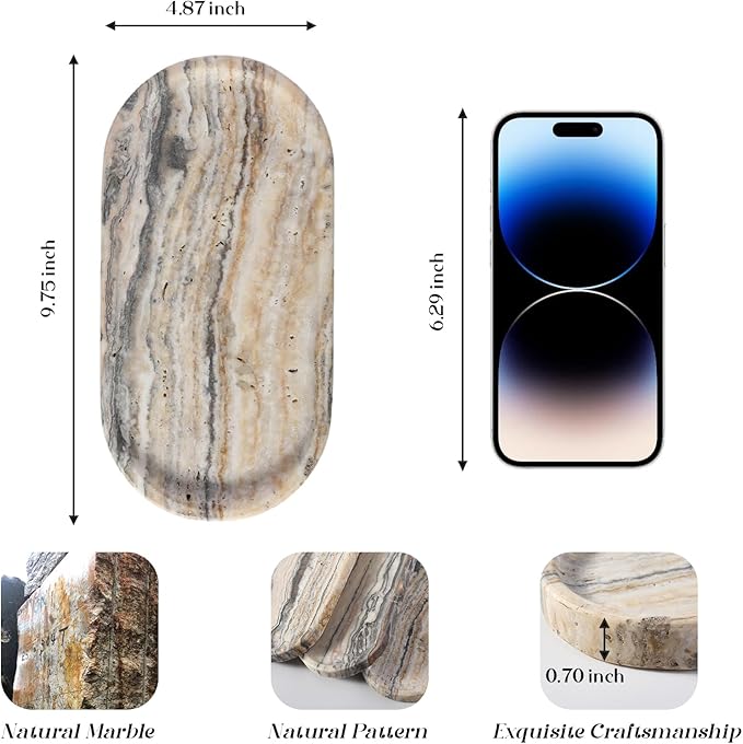 Koville 10"x5" Marble Vanity Tray for Bathroom Kitchen Countertop, Natural Marble Trays for Home Decor, Perfume Organizer Jewelry Dish, Stone Tray for Dresser, Decorative Candles Trays