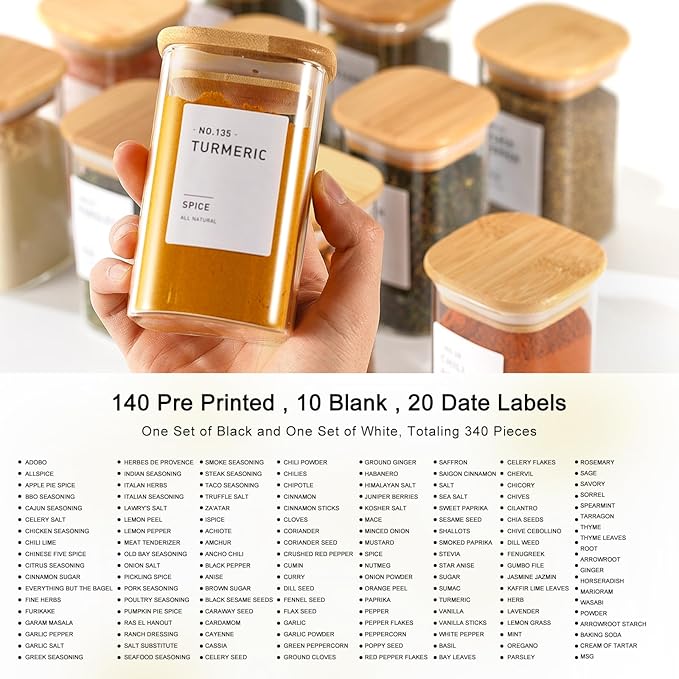 12Pcs Glass Spice Jars with Bamboo Airtight Lids, 8oz Spice Containers with 340 Preprinted Spice Labels of White and Black Color, Empty Seasoning Containers for Spice Salt Sugar Herb