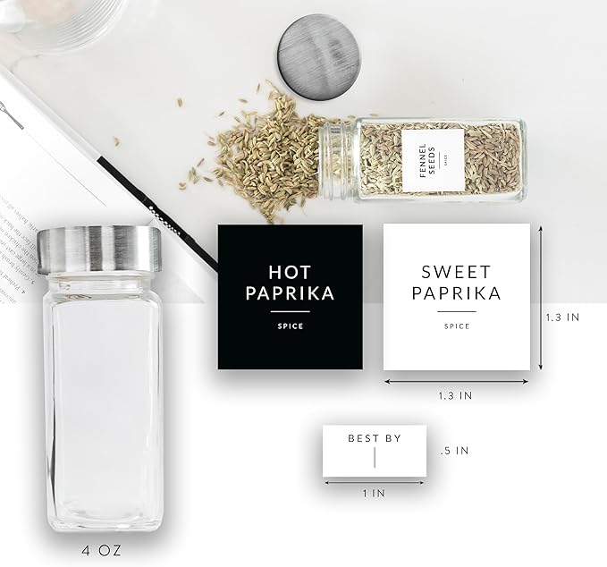 SAVVY & SORTED Glass Jars with 24PK 4oz Containers for Herbs and Seasonings – Includes Pepper Grinder, 374 Labels, Funnel, Shaker Lids & Empty Bottles