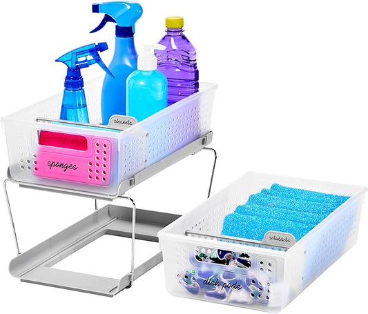 madesmart Stackable 2-Tier Organizer, 2 Pack, Multi-Purpose Slide-Out Storage with Extra Set of Legs, Handles and Dividers for Home and Bath, BPA Free, Frost 2 PACK