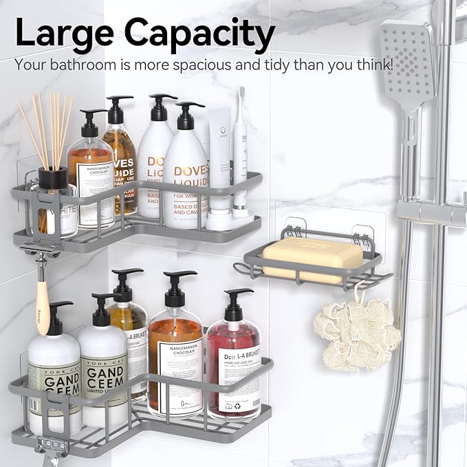 YASONIC Corner Shower Caddy Organizer, 3-Pack Self-Adhesive Rustproof Bath Shelves with Soap Holder & 4 Hooks, Large Capacity Shower Storage Rack for Bathroom Organization, Grey