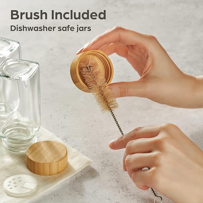 12Pcs Glass Spice Jars with Label - Square Spice Containers 4 oz - Includes Cleaning Brush & Wooden Spoon - Seasoning Jars