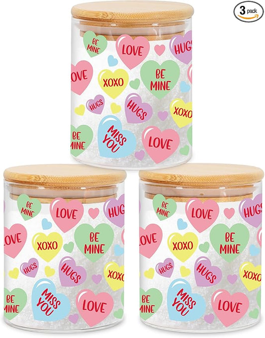 3Pcs Valentine Glass Storage Jars With Airtight Lid Pastel Conversation Heart Decorative Canisters Sets For Home Kitchen Countertop