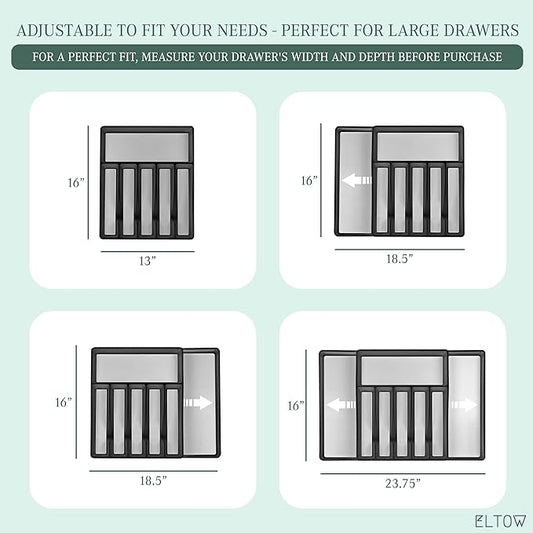 ELTOW Large Expandable Silverware Drawer Organizer, 8 Compartment Non-Slip & Adjustable Silverware Organizer for Drawer, Kitchen Organization for Utensils, Cutlery, Silverware Tray (Black)