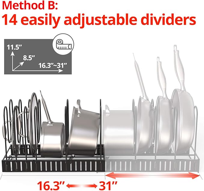 Expandable Rack for Cabinets - Vdomus Adjustable Black Pot Rack with 4 DIY Storage Positions - Holds up to 14 Pans, Pots, or Lids - Durable Iron Pot Stacker for Kitchen Organization - 8.5"x 31"x11.5"