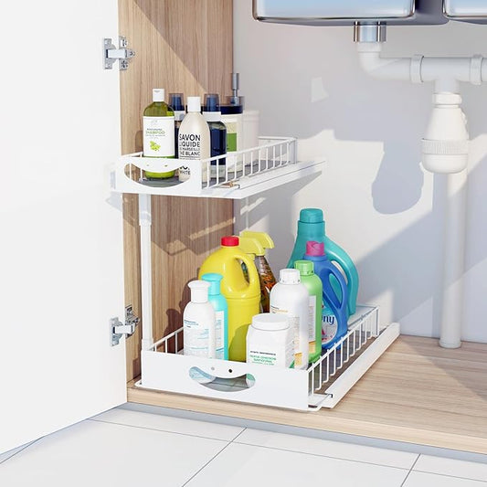 Under Kitchen Sink Organizers and Storage,2 Tier Sliding Cabinet Basket Organizer Drawer,Storage Shelves,Multi-Purpose Cabinet Organizers for Kitchen Bathroom.14.17X10.66 X 15.27In(White,1Pack)
