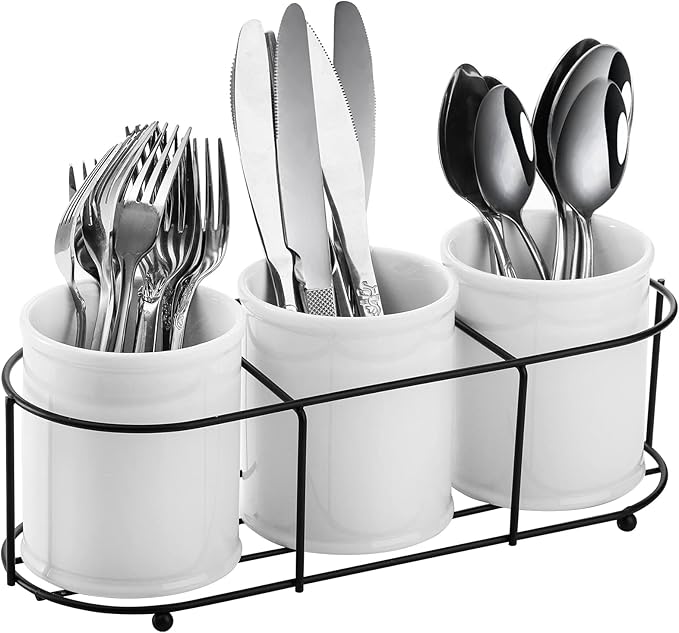 Bekith 3-Piece Ceramic Silverware Caddy with Metal Rack, Utensil Holder Flatware Caddy Cutlery Storage Organizer for Kitchen Table, Cabinet or Pantry