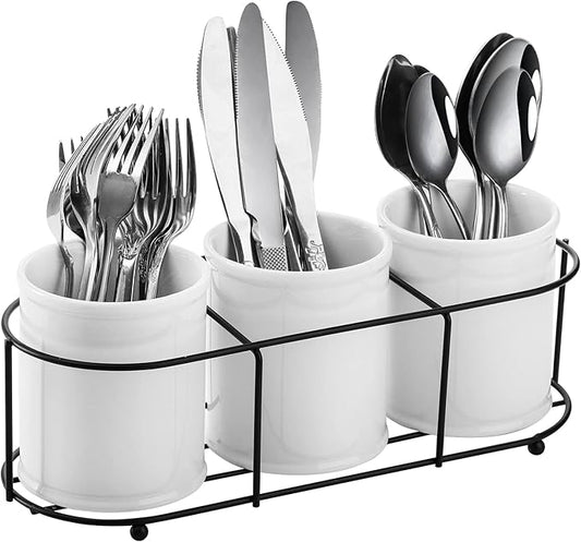 Bekith 3-Piece Ceramic Silverware Caddy with Metal Rack, Utensil Holder Flatware Caddy Cutlery Storage Organizer for Kitchen Table, Cabinet or Pantry