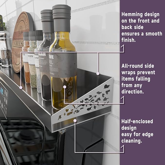 Stove Top Shelf for Stove Top, 30" Length, Spice Rack Organizer Over the Stove, Spice/Condiments/Seasoning Shelf for Kitchen Organization (Non Magnetic Stainless Steel)