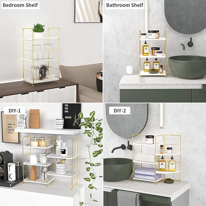 3-Tier Kitchen Spice Rack, Freestanding Stackable Organizer Shelf, Bathroom Countertop Storage Shelf, Cosmetic Organizer Holder, Square Standing Rack (Golden)