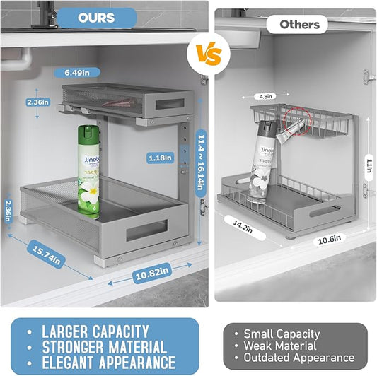 1 Pack-11.4"-16.14" H Under Sink Storage Organizer, Large 2-Tier Elegant Mesh Pull Out Shelf for Kitchen & Bathroom Cabinet Organization, L-Shaped, Adjustable Height - Space-Grey
