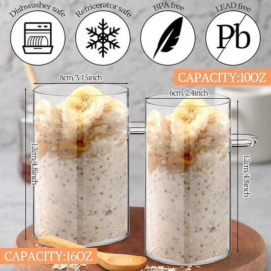 Pickmesh 4 Pcs Overnight Oats Containers with Lids Overnight Oats Jars Oatmeal Cups Square Glass Meal Prep Container with Bamboo Lids and Spoons Glass Jar for Pudding Yogurt (Round Style,16oz, 10oz)