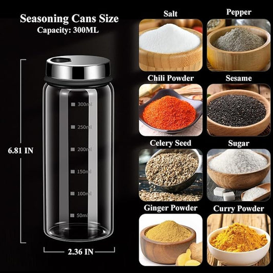 10 oz Glass Salt and Pepper Shaker Set with 304 Stainless Lid Adjustable Pour Holes Spice Jars Dispenser Seasoning Cans for Kitchen Decor and Home Restaurant Kitchen Accessories (2 Pcs, 300 ML)