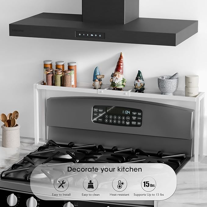 Bumusty Spice Rack Shelf for Kitchen Stove, 32" Stove Top Shelf, Stove Shelf for Back of Stove, Over the Stove Shelf, Kitchen Organizers, Oven Shelf for Top of Stove, White